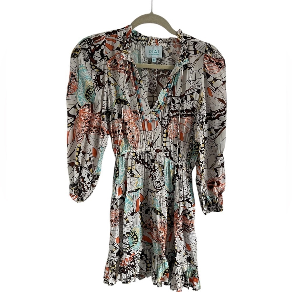 TAJ By Sabrina Crippa Butterfly Print Beaded embroidered Boho Mini Dress Size S